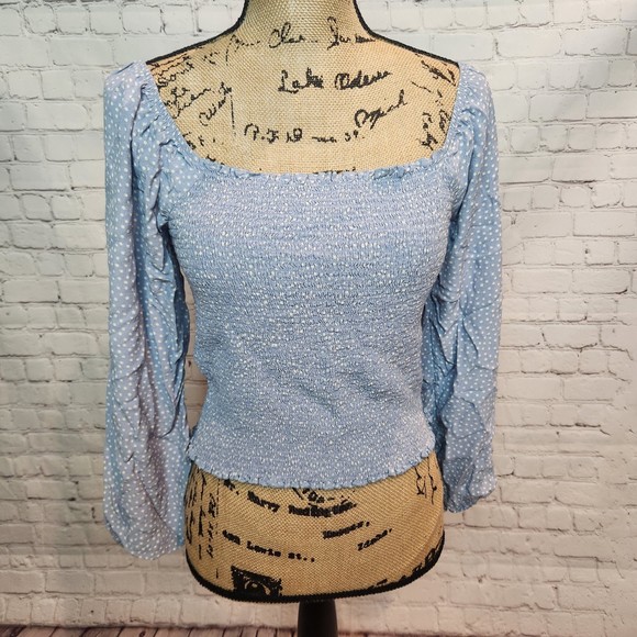 American Eagle Outfitters Tops - American Eagle Baby Blue and White Polka Dot Smocked Long Sleeve Top Size L